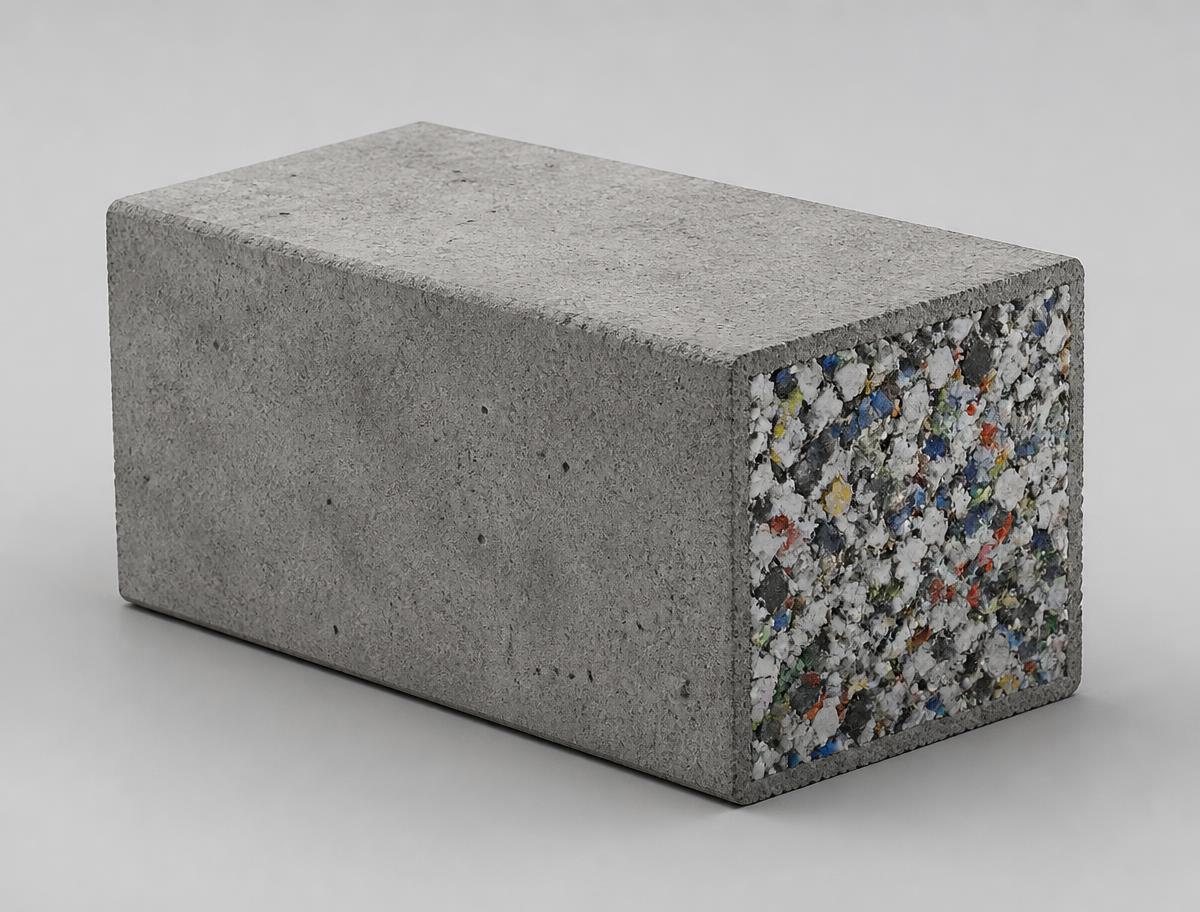 Visualização conceptual de um bloco modular com revestimento em betão e núcleo de plástico reciclado