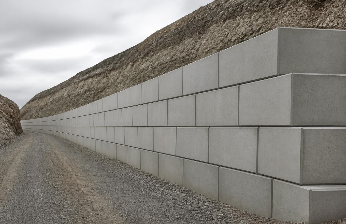 Visualização conceptual de um muro de contenção construído com blocos modulares revestidos a betão